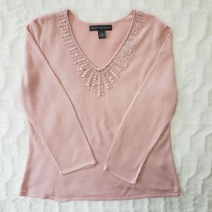 Josephine Chaus V-neck Pearl Beaded Pink Sweater Sz. M
